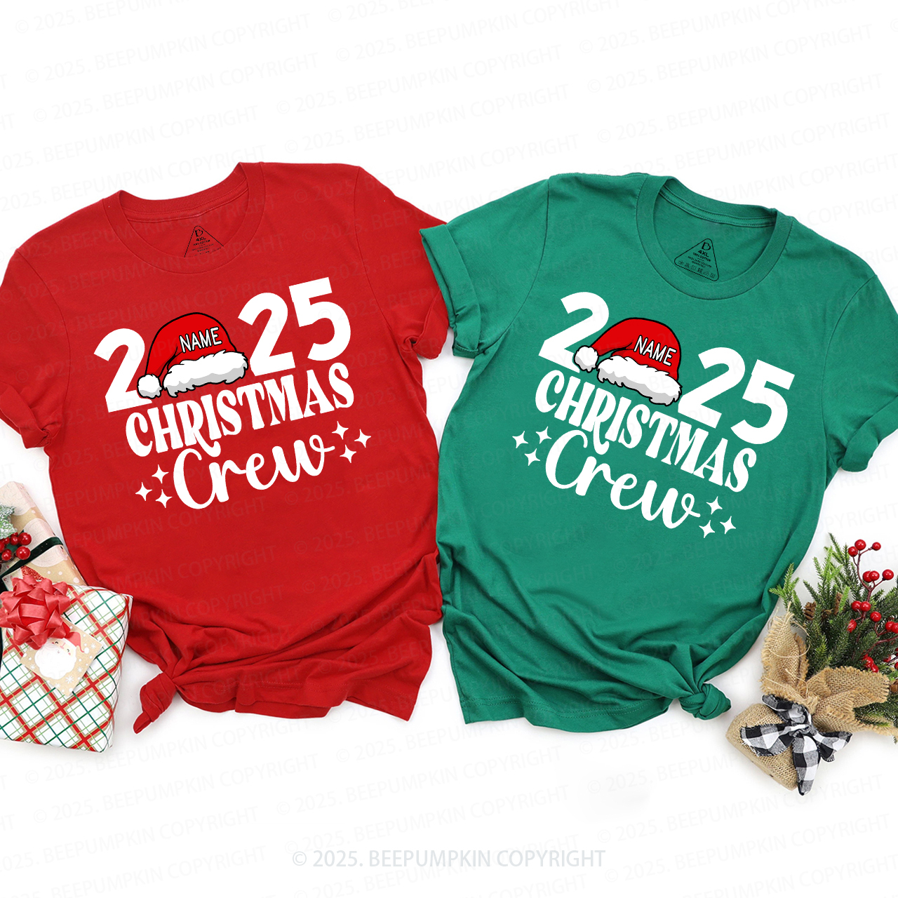 Personalized Christmas Crew 2025 Name On Santa Hat Shirts