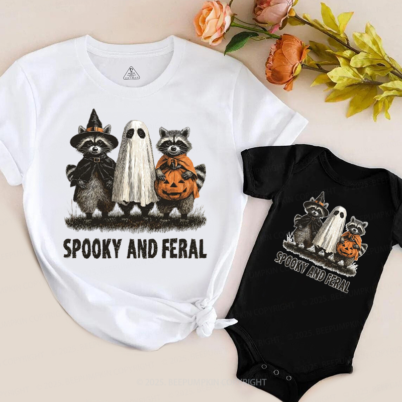 Spooky And Feral Raccoon Halloween Family Matching Shirts