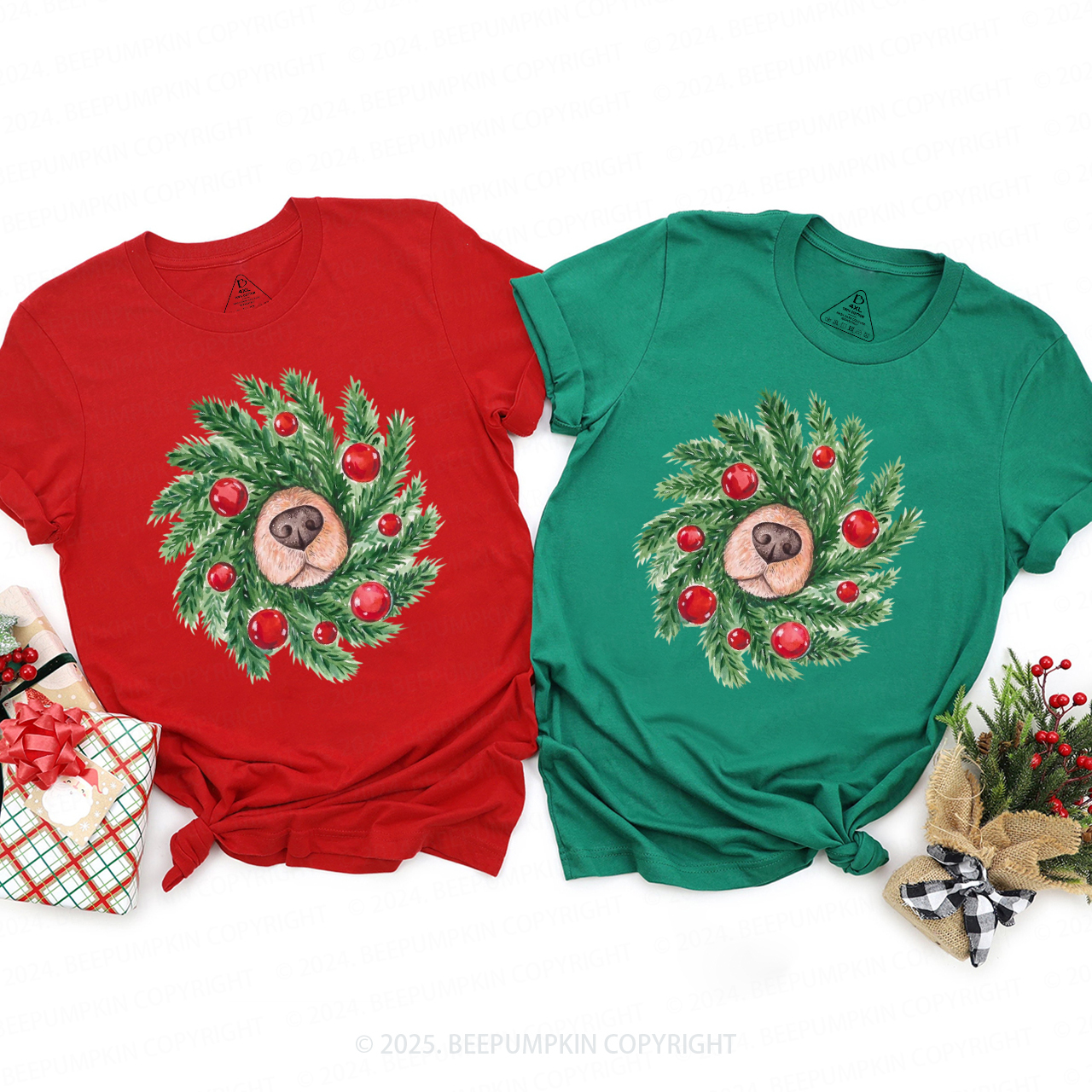 Dog Nose Christmas Wreath Family Matching T-Shirts Beepumpkin