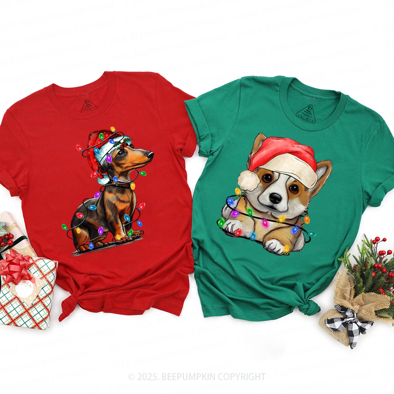 Personalized Dog Christmas Tree Lights Family Matching T-Shirts Beepumpkin