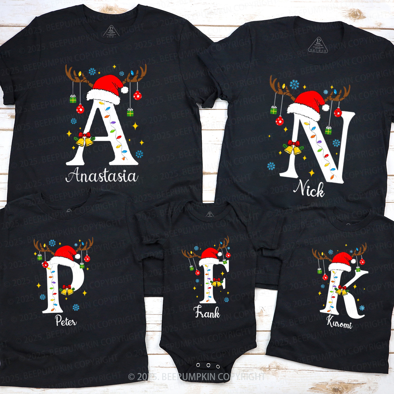 Personalized Alphabet Christmas Name Family Matching T-Shirts Beepumpkin