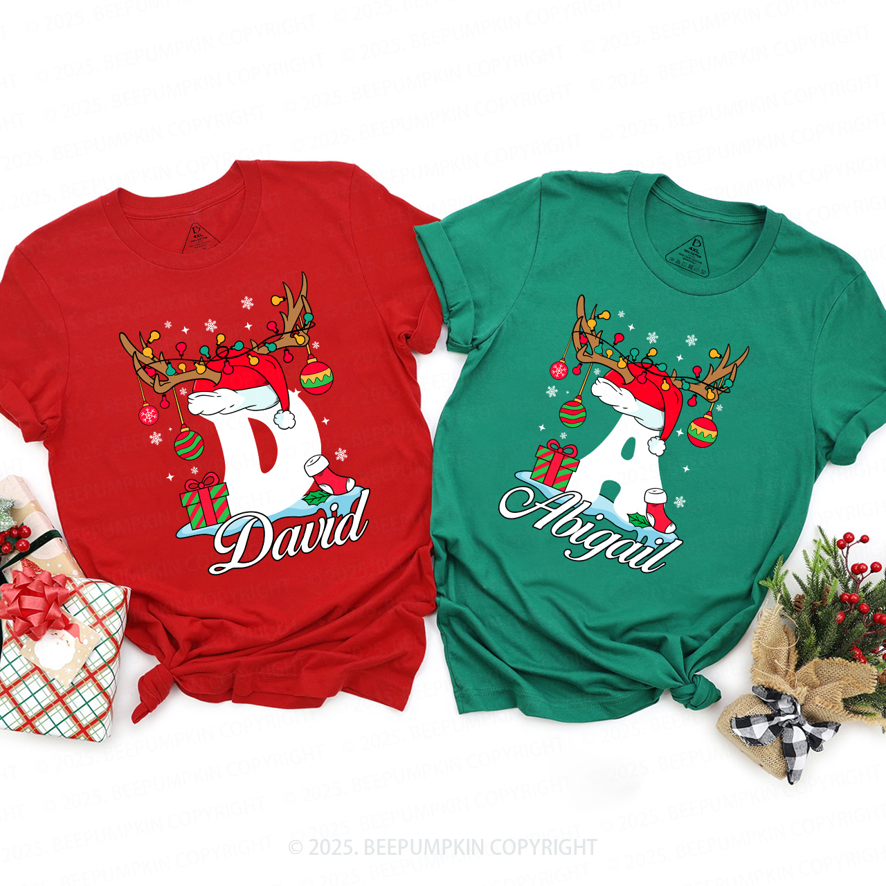 Personalized Antlered Alphabet Joy Christmas Family Matching T-Shirts Beepumpkin