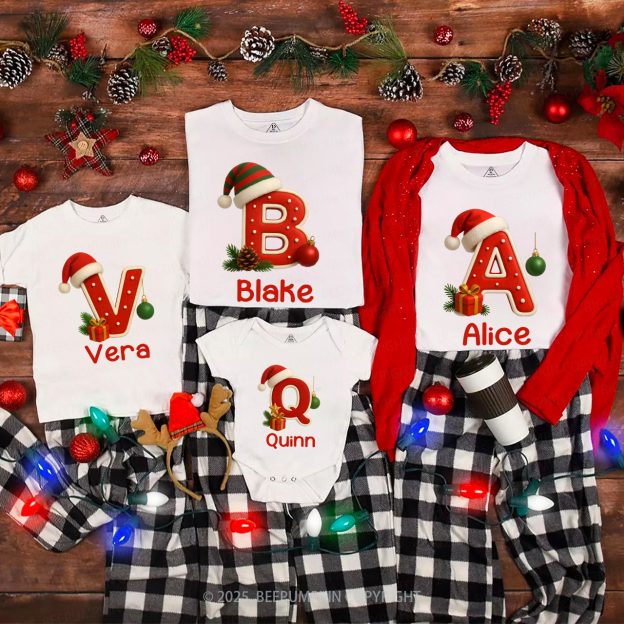 Personalized Santa Hat & Gift Alphabet Christmas Family Matching T-Shirts Beepumpkin
