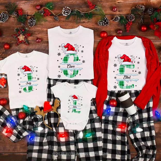 Personalized Christmas Green Plaid Snowflakes Name Family Matching T-Shirts Beepumpkin