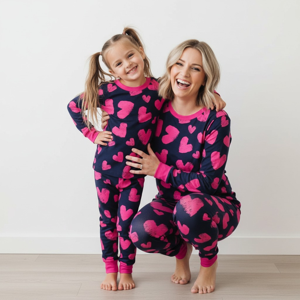 Pink Heart Scribble Navy All-Over Print Mom&Me Cuffed Pajama Sets