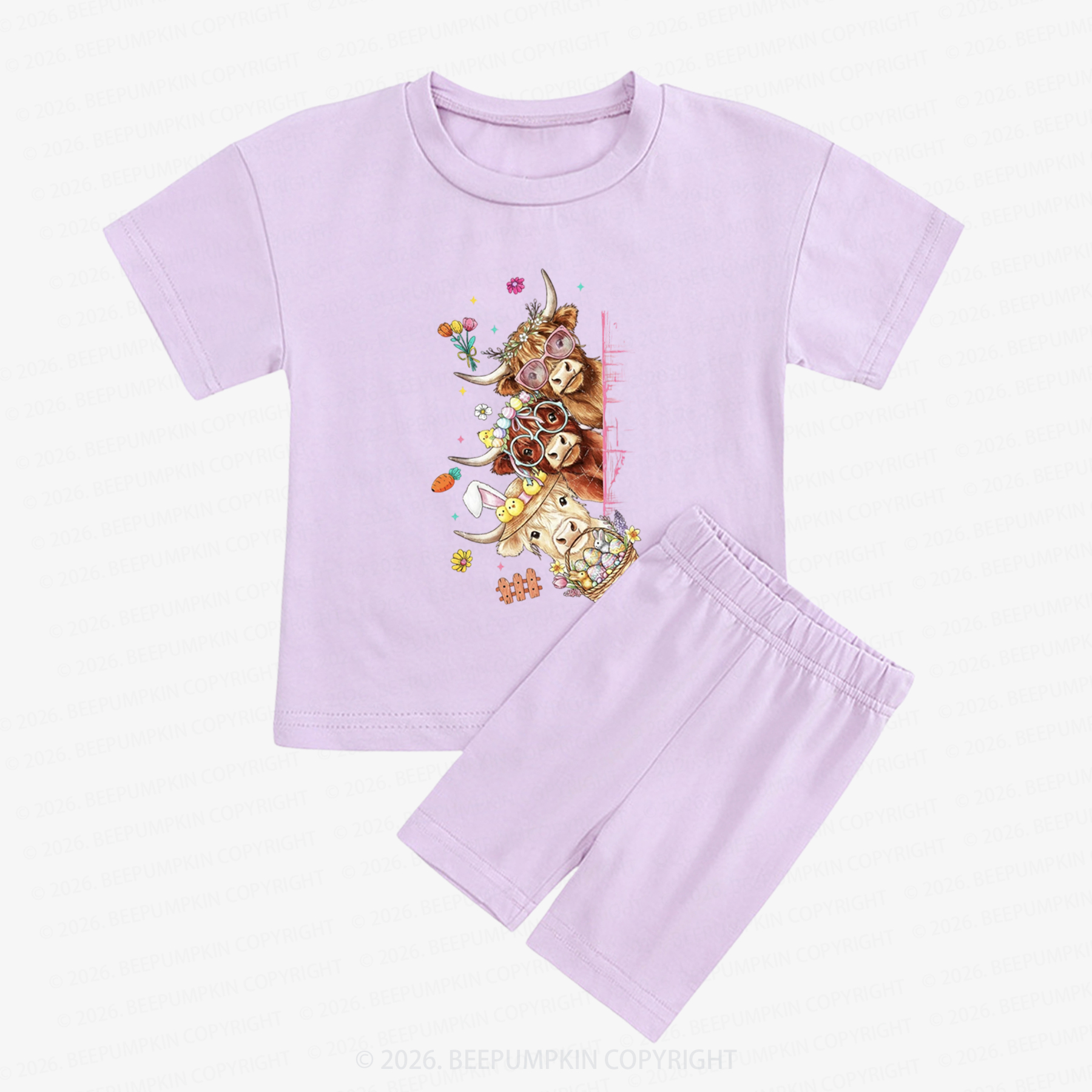 Easter Day Highland Cow&Bunny Kids Biker Shorts&Tee