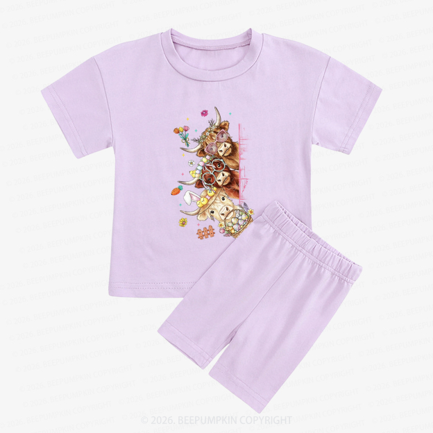 Easter Day Highland Cow&Bunny Kids Biker Shorts&Tee