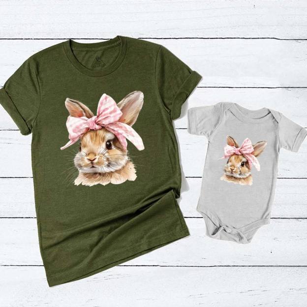 Cute Bunny with Bow Easter Mom&Me Matching Tees
