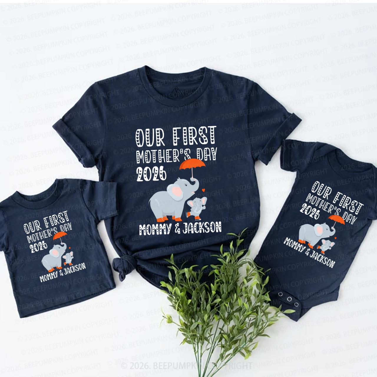 Personalized First Mother's Day Cute Elephant Mom&Me Matching T-Shirts