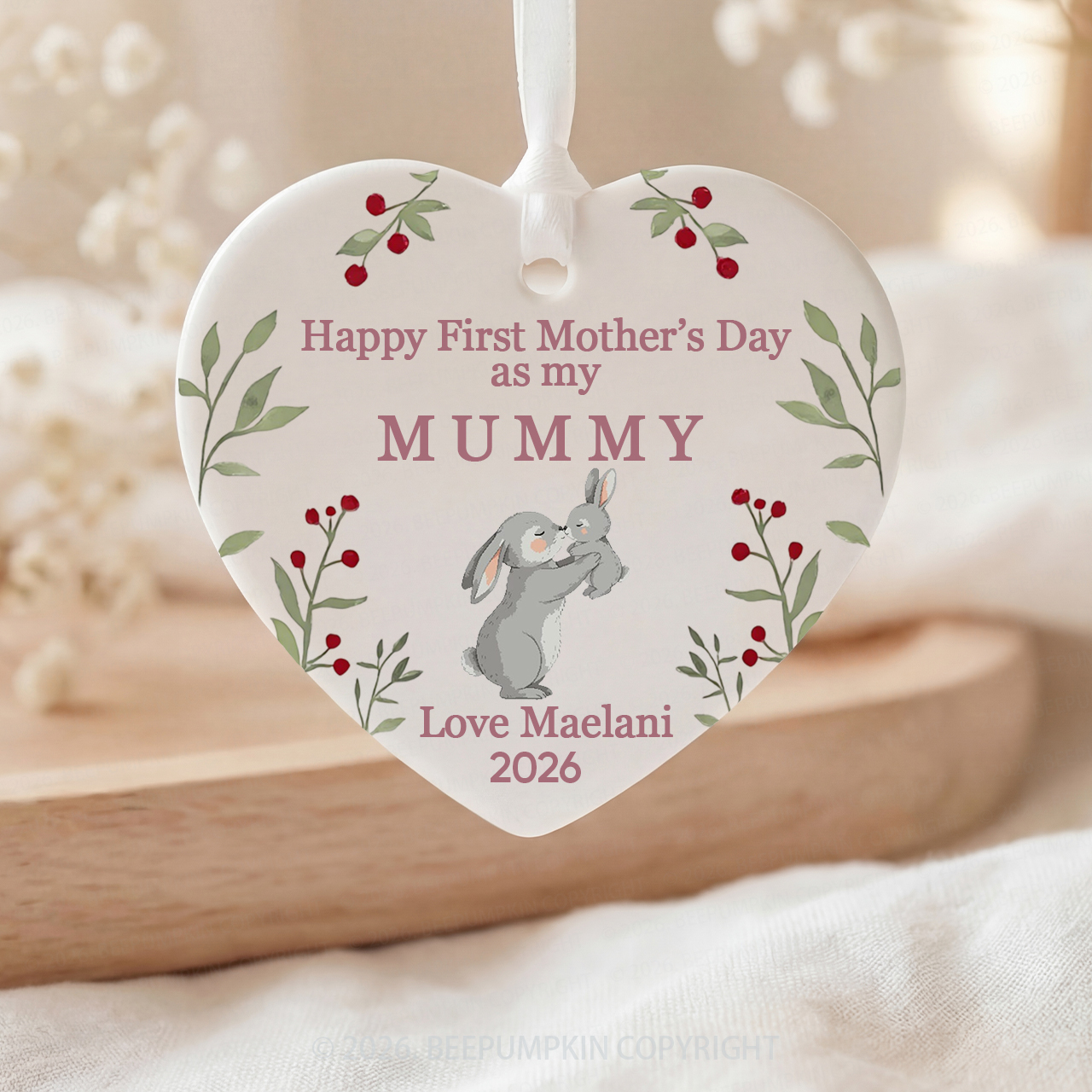 Personalized First Mother's Day Bunny Ceramic Heart Ornament