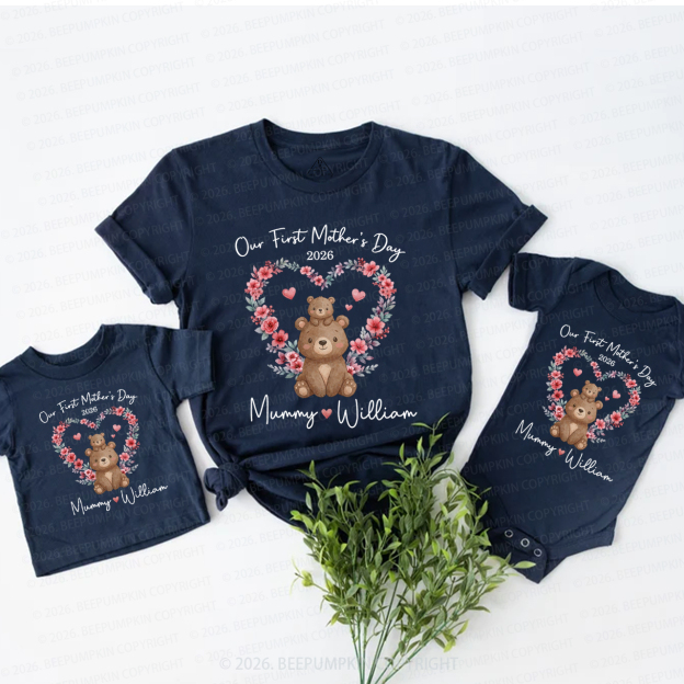 Personalized Cute Bear Heart Wreath Mom&Me Matching T-Shirts