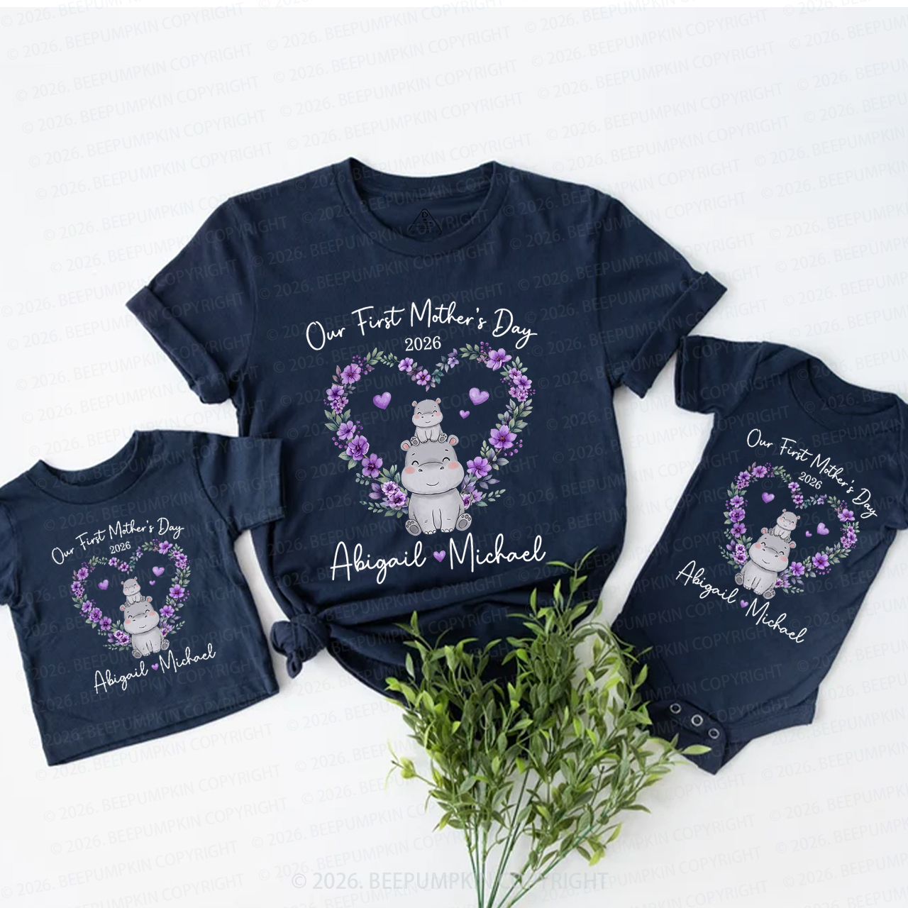 Personalized Cute Hippo Heart Wreath Mom&Me Matching T-Shirts