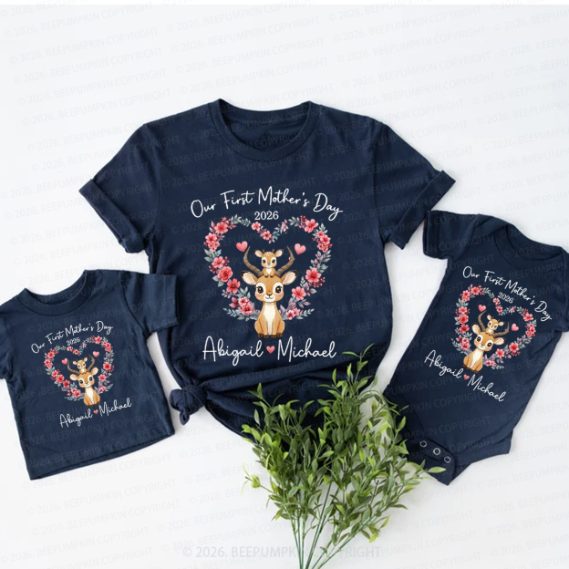 Personalized Cute Sika Deer Heart Wreath Mom&Me Matching T-Shirts