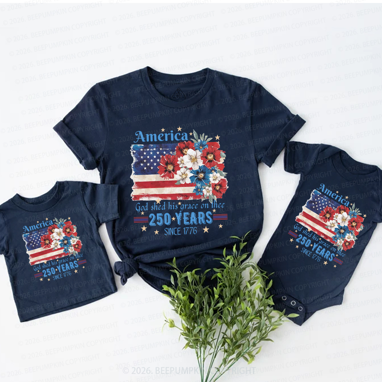 America 250 Years Flag Floral Mom&Me Matching T-Shirts