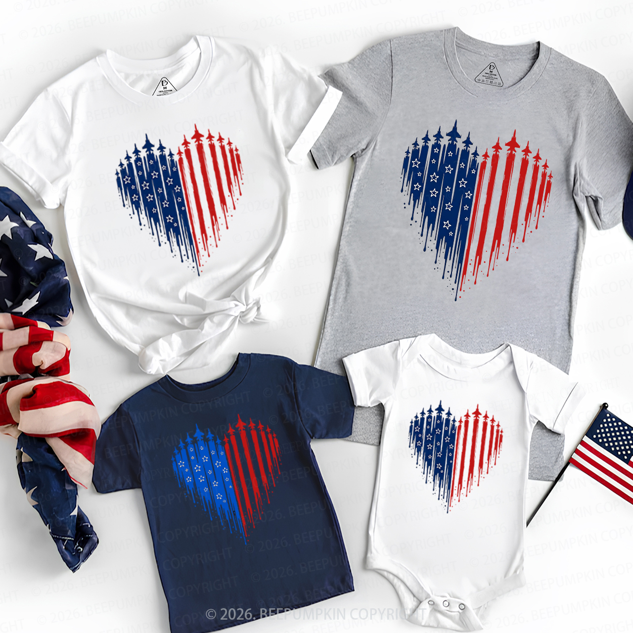 Patriotic 4th Of July American Flag Heart Family Matching Shirts