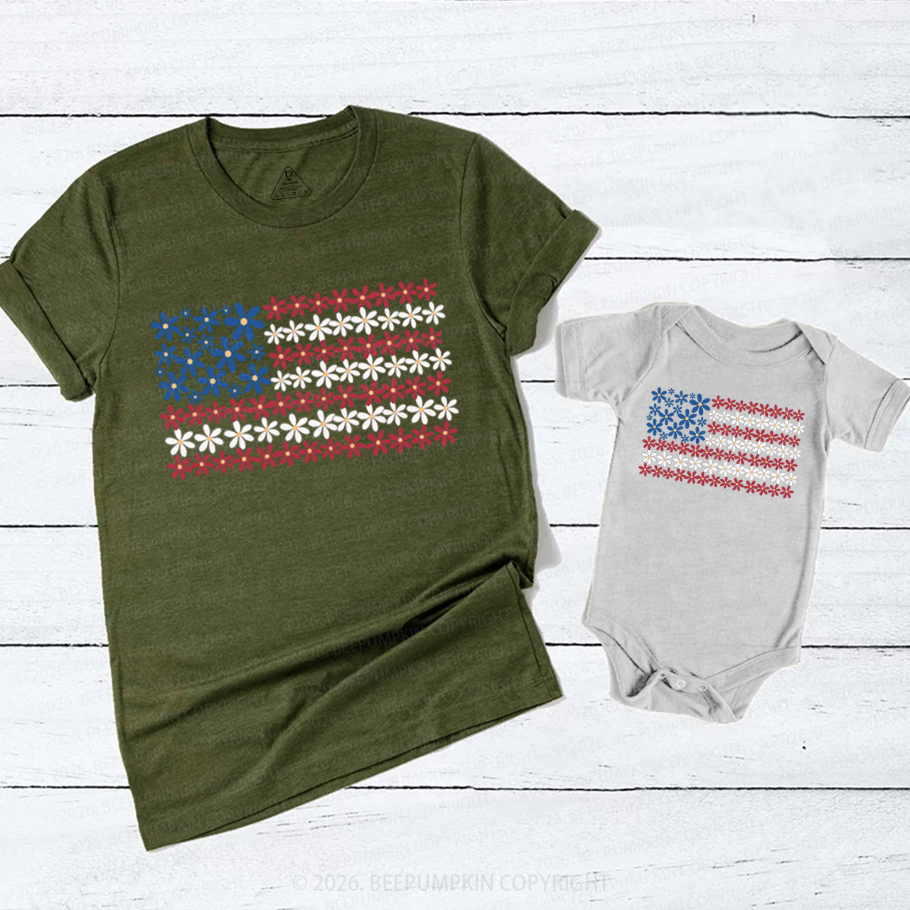 Floral American Flag 4th of July Mom&Me Matching T-Shirts