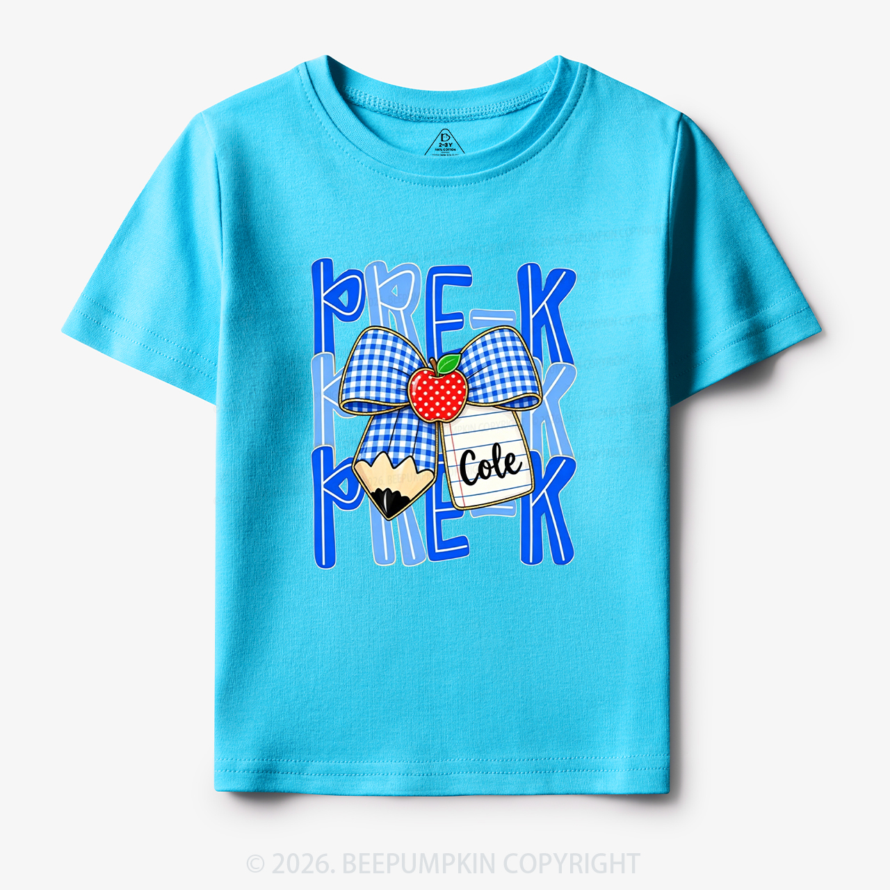 Personalized Blue Gingham Pencil Bow Toddler&Kid's Tees