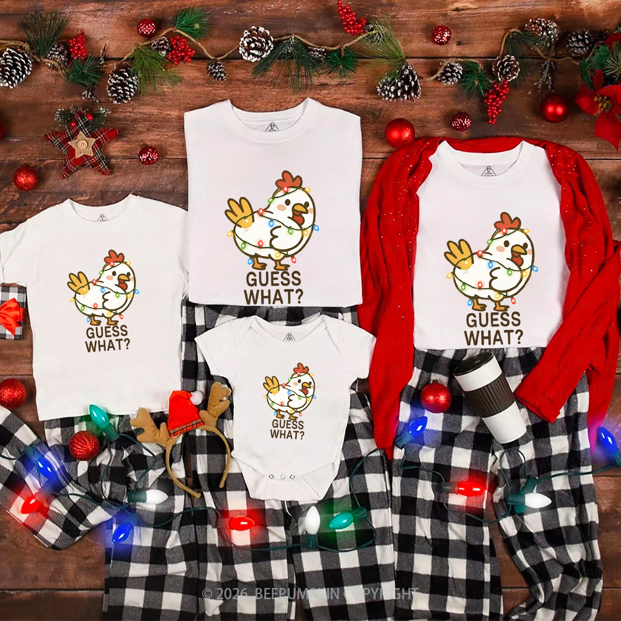 Guess What Chicken Funny Butt Joke Christmas Family Matching T-Shirts Beepumpkin