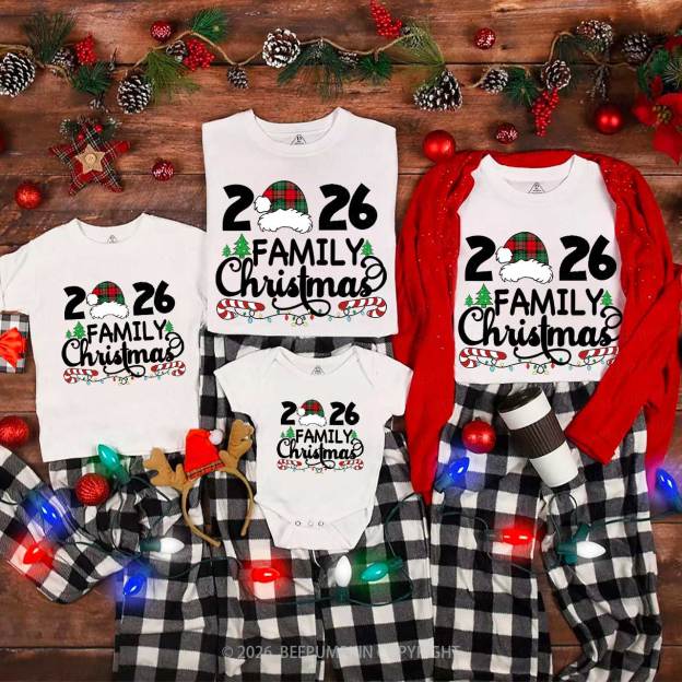 Family Christmas 2026 Plaid Hat Matching T-Shirts Beepumpkin