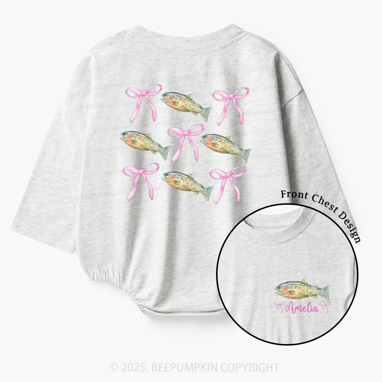 Personalized Pink Bow Fishing Baby Bubble Romper Beepumpkin