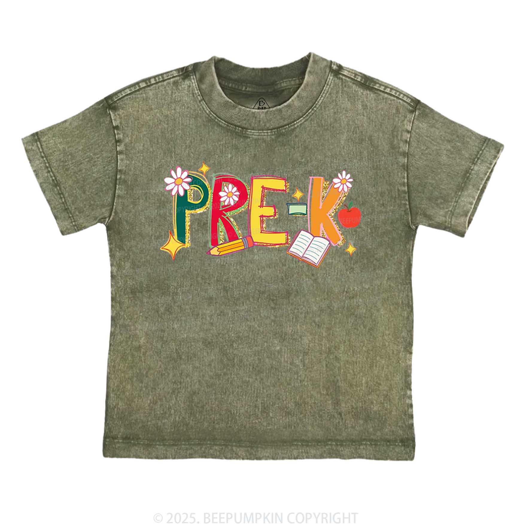 Personalized Girly Floral Kindergarten Neon School Toddler&Kids Washed Tees