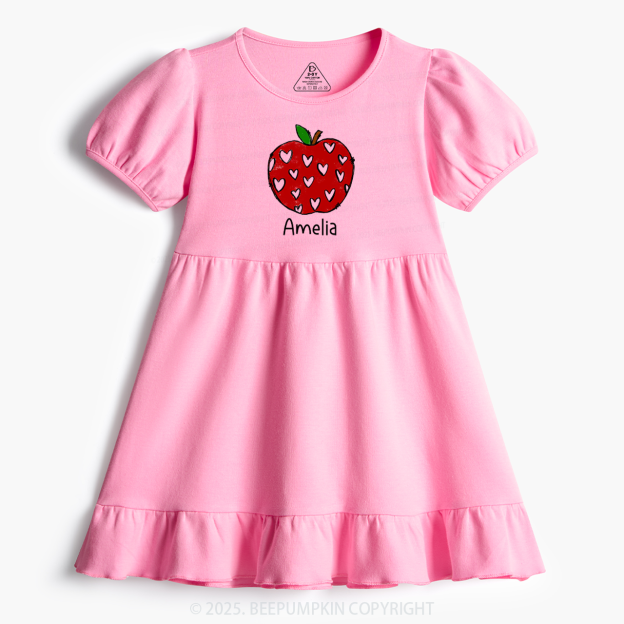 Personalized Red Apple With Hearts Toddler&Kid's Ruffle Dress Beepumpkin 