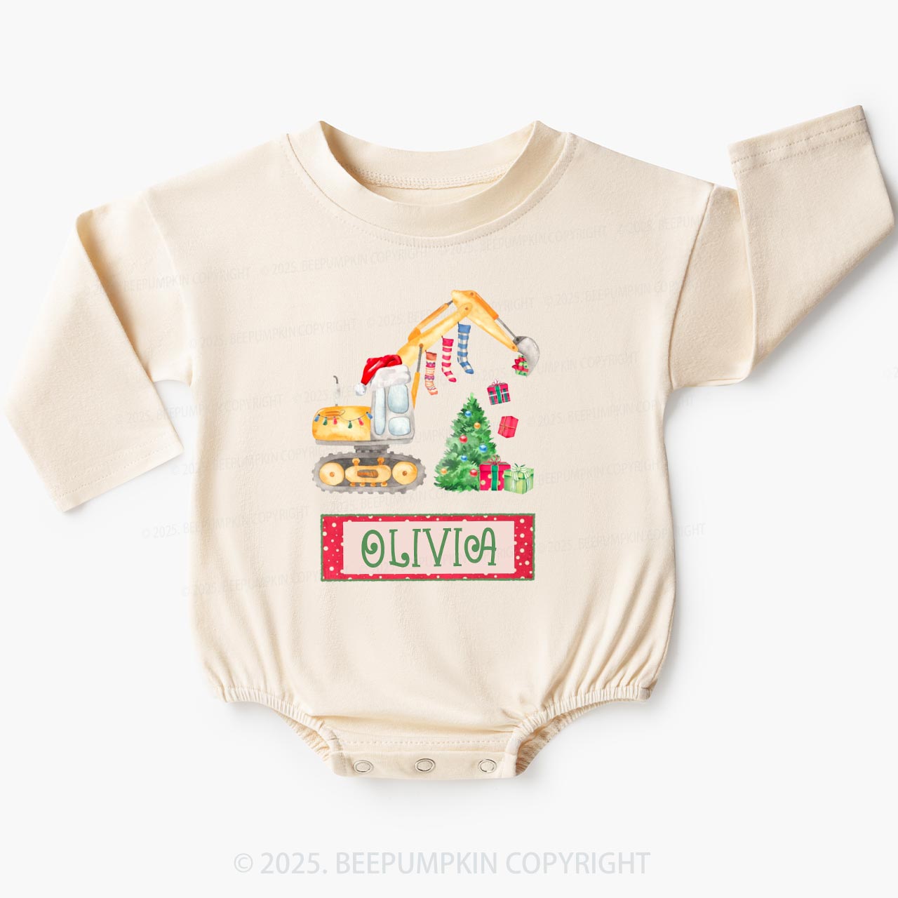Excavator Christmas Tree Baby Bubble Romper Beepumpkin