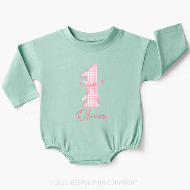 Personalized Pink Bow First Birthday Bubble Romper Beepumpkin