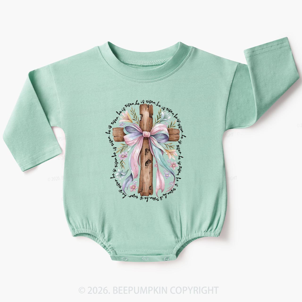 He Is Risen Soft Pastel Cross Baby Bubble Romper
