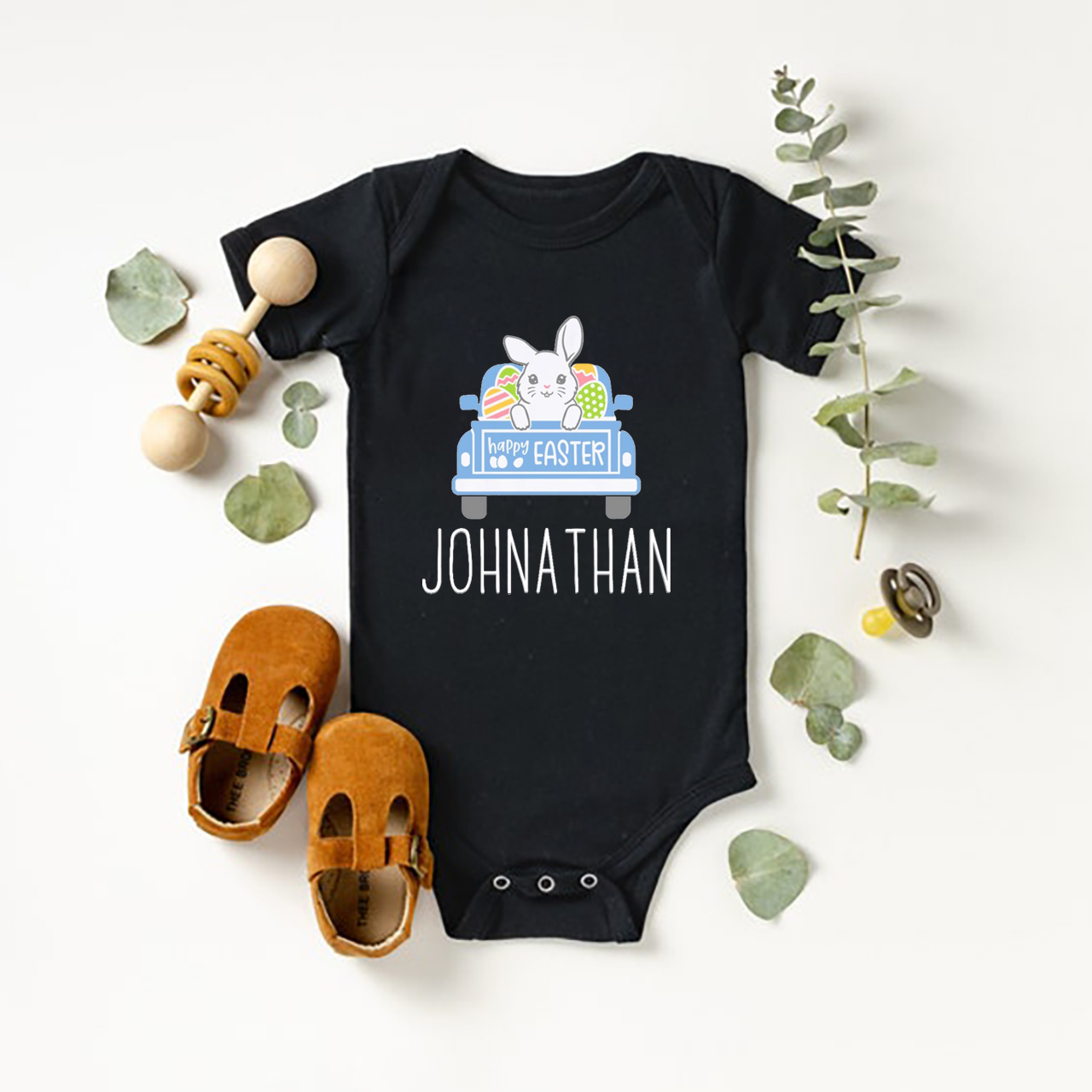 Personalized Easter Cute Bunny Truck Baby Bodysuit
