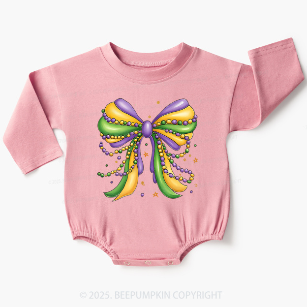 Mardi Gras Ribbon Bow Baby Bubble Romper Beepumpkin