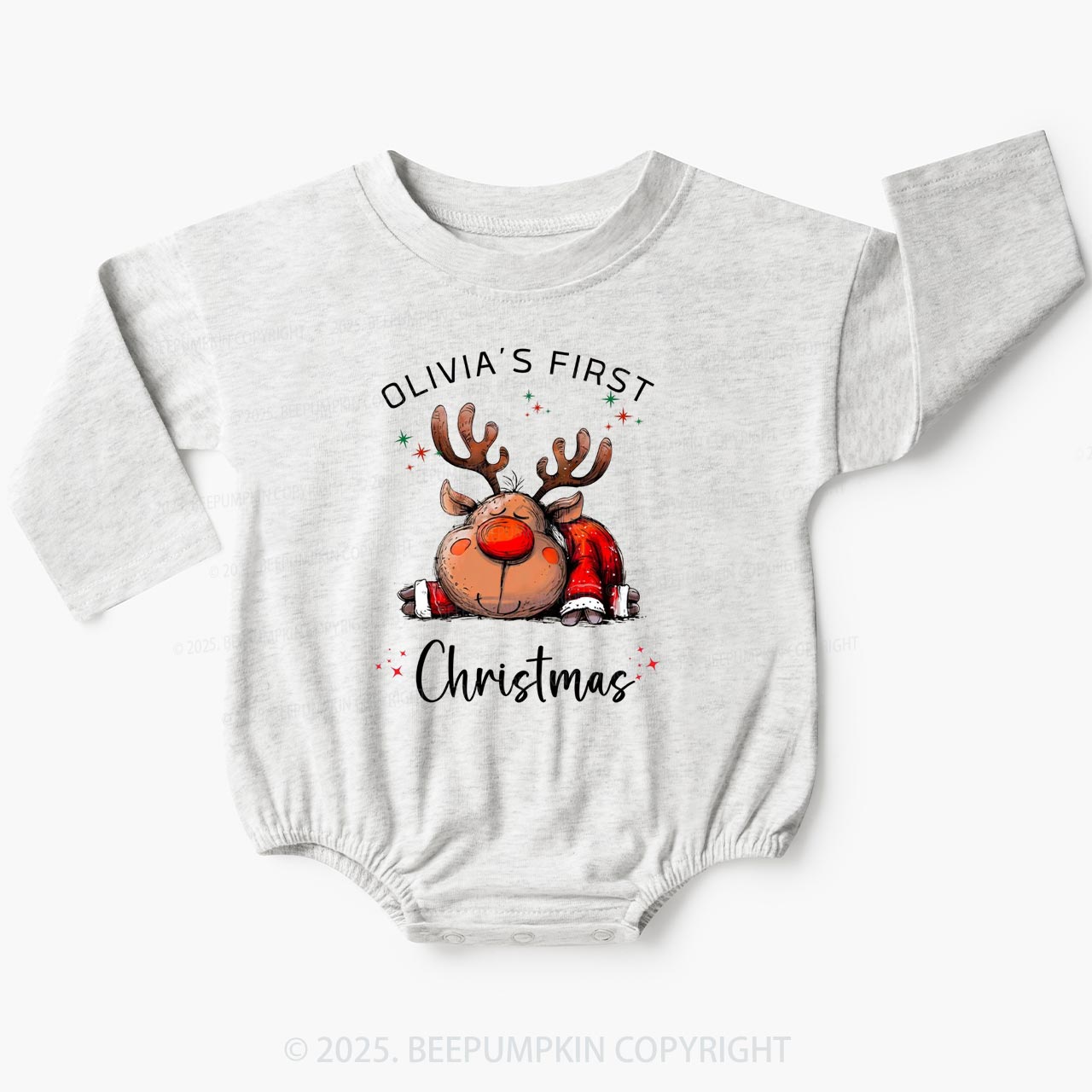 Personalized Festive Reindeer Dreams Christmas Baby Bubble Romper Beepumpkin