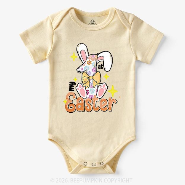 Yellow Bow Floral Bunny 1st Easter Baby Bodysuit