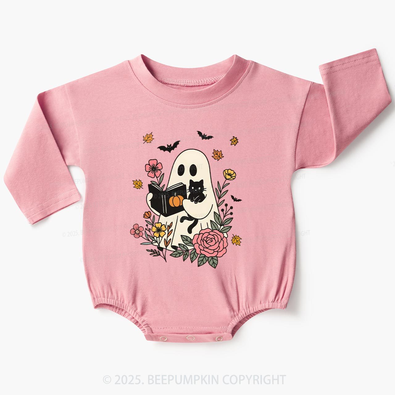 Ghost Reading Book-Cat Baby Bubble Romper Beepumpkin