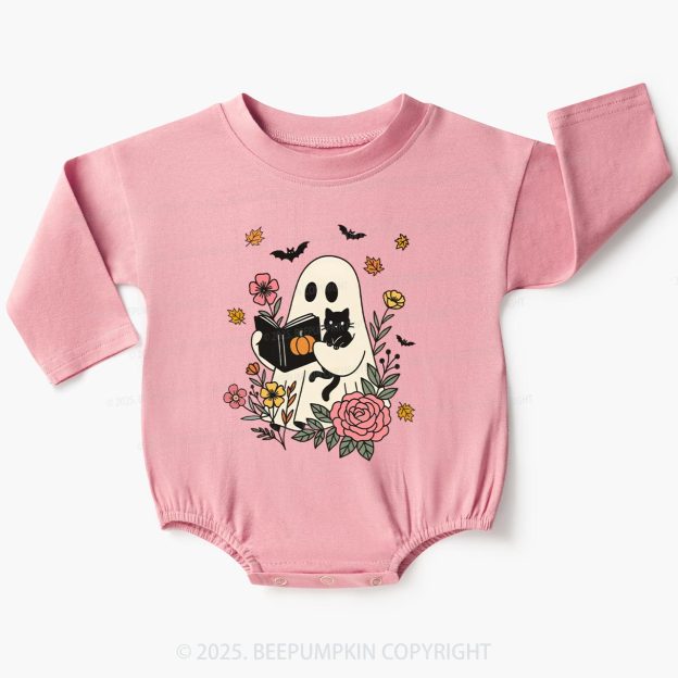 Ghost Reading Book-Cat Baby Bubble Romper Beepumpkin