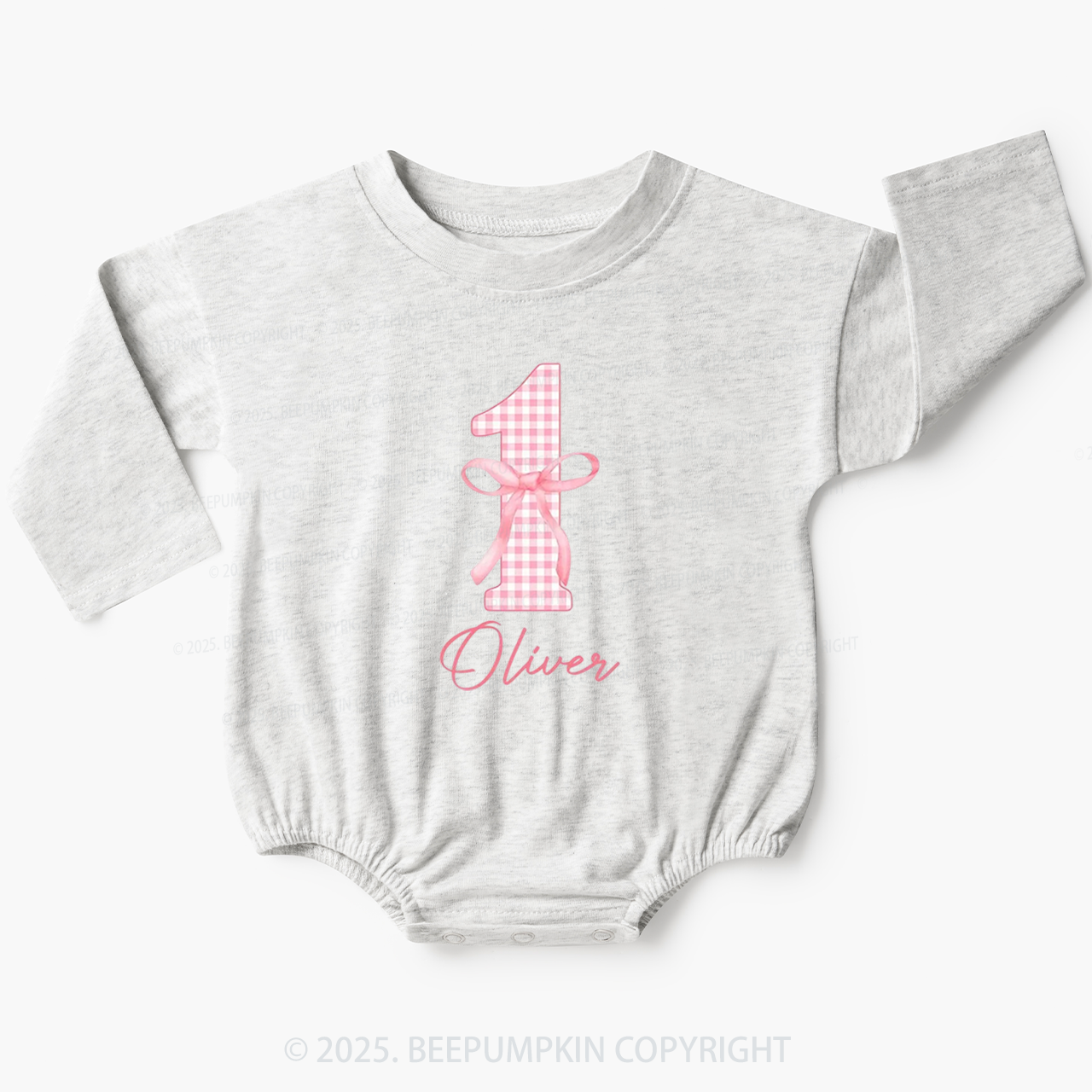Personalized Pink Bow First Birthday Bubble Romper Beepumpkin