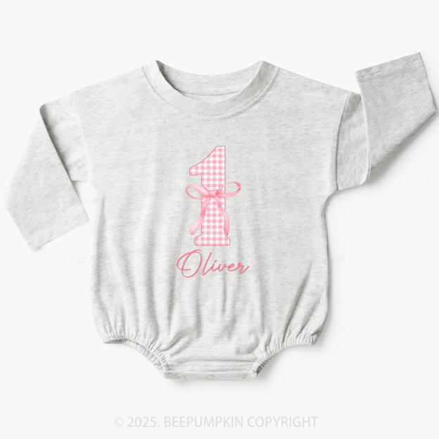 Personalized Pink Bow First Birthday Bubble Romper Beepumpkin
