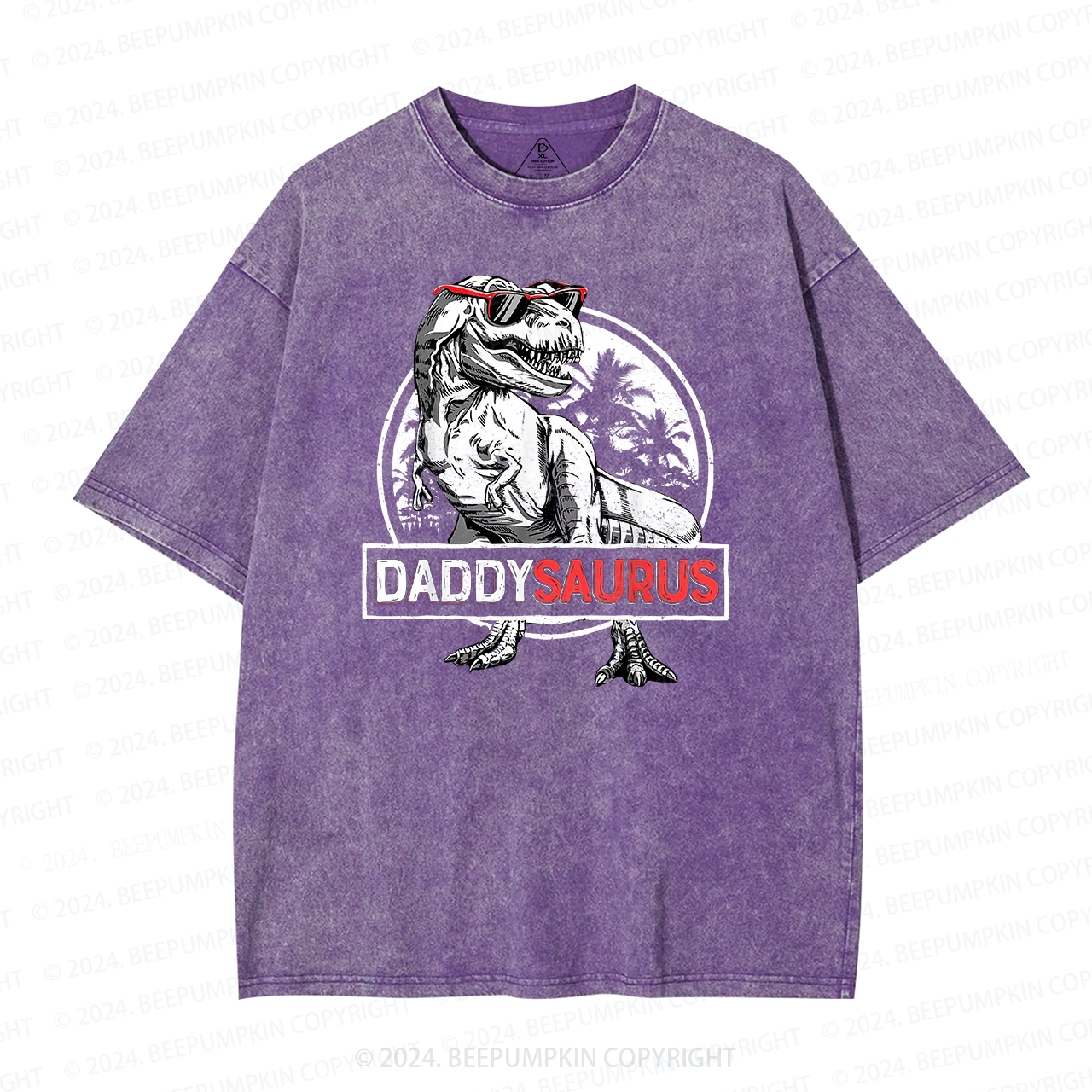 Daddy Saurus T-Rex With Glasses Washed T-Shirts 