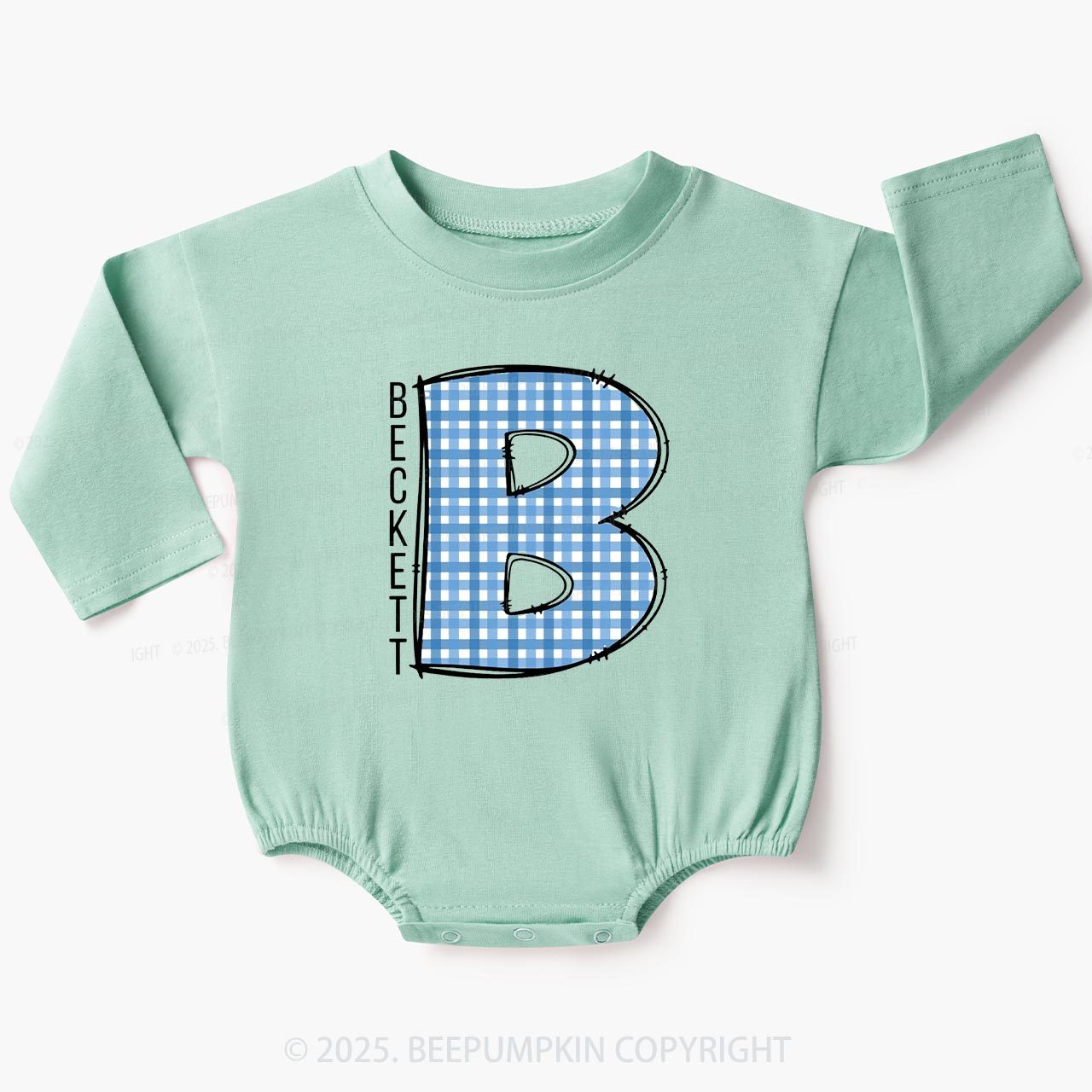 Personalized Blue Plaid Name Baby Bubble Romper Beepumpkin