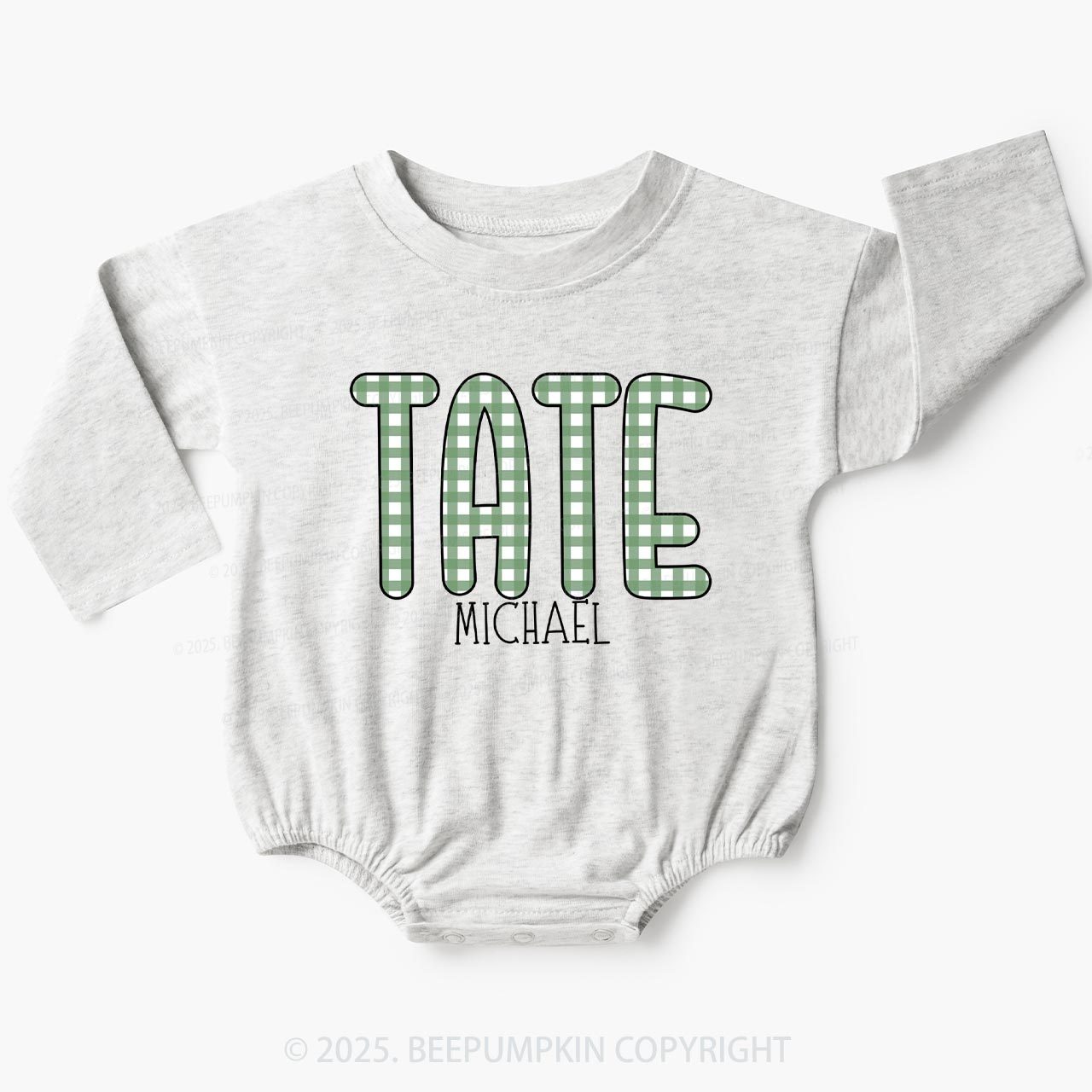 Personalized Green Gingham Name Baby Bubble Romper Beepumpkin
