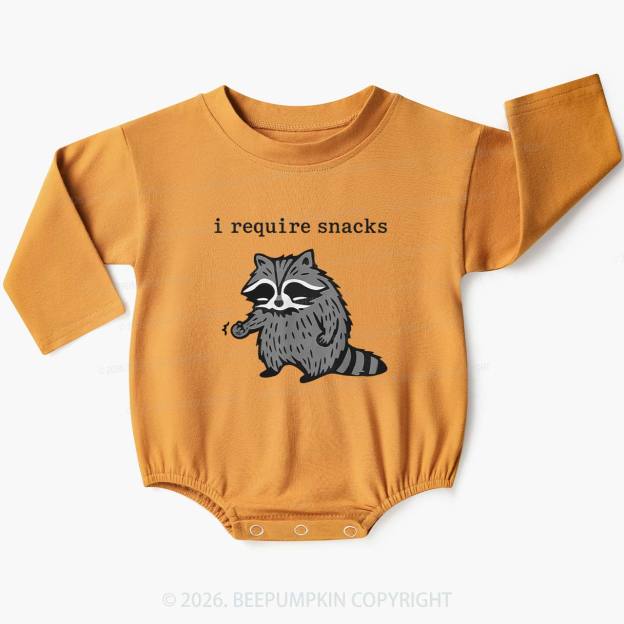 I Require Snacks Raccoon Baby Bubble Romper