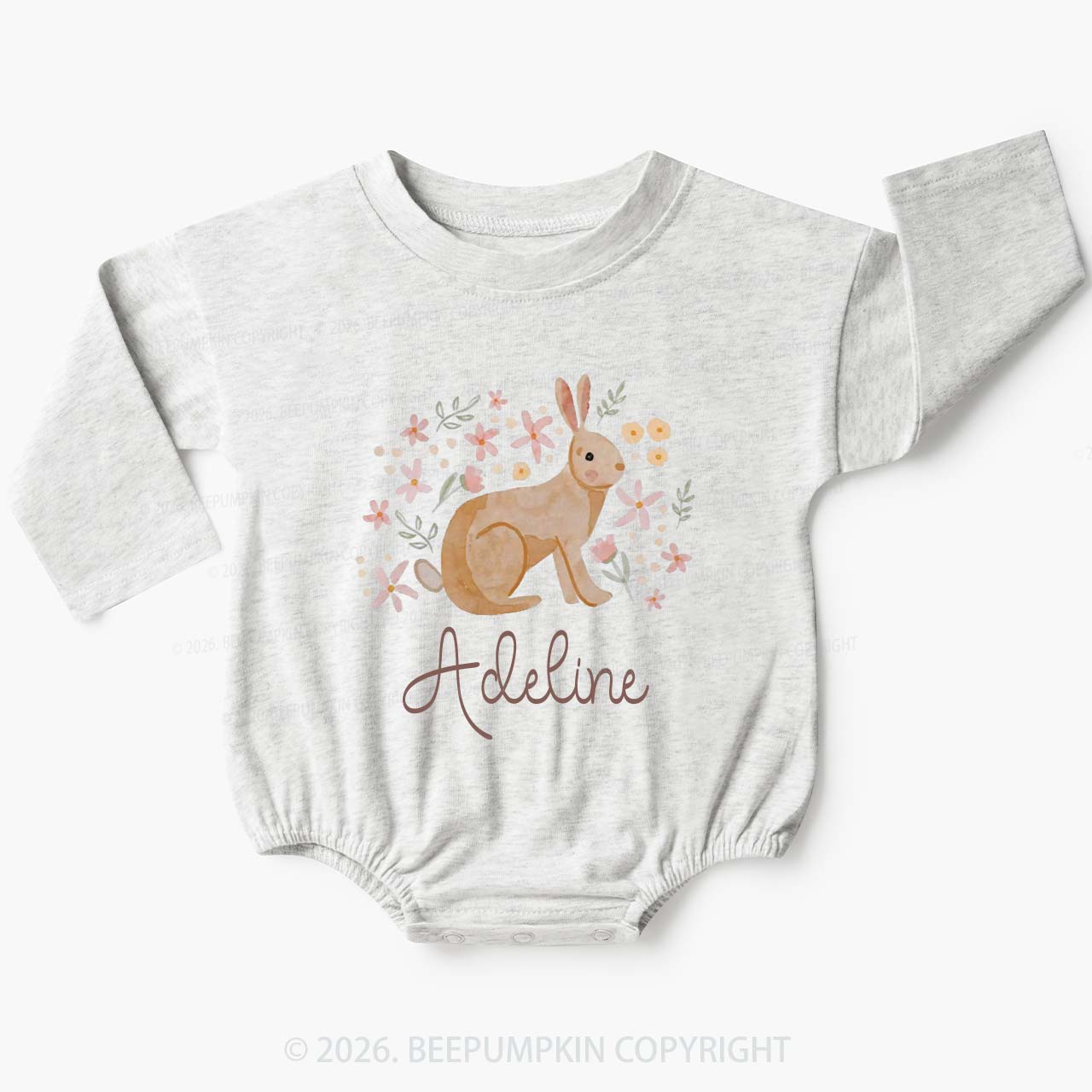 Personalized Watercolor Bunny Blooms Baby Bubble Romper