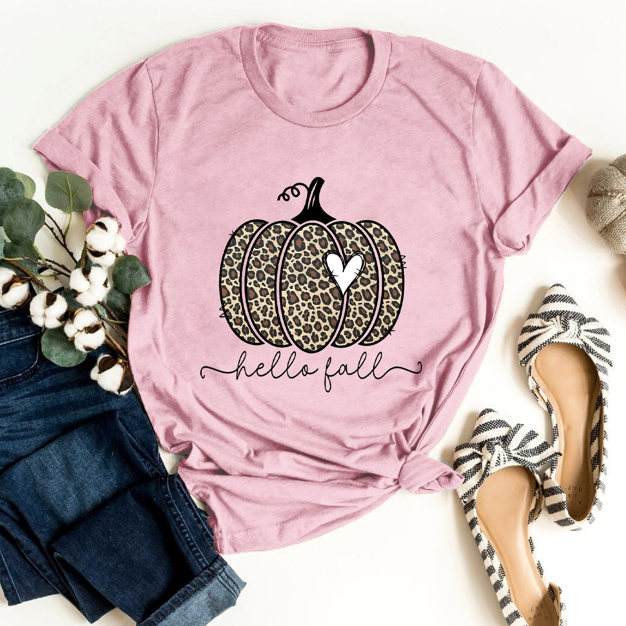  Hello Fall Leopard Print Pumpkin Shirt For Her