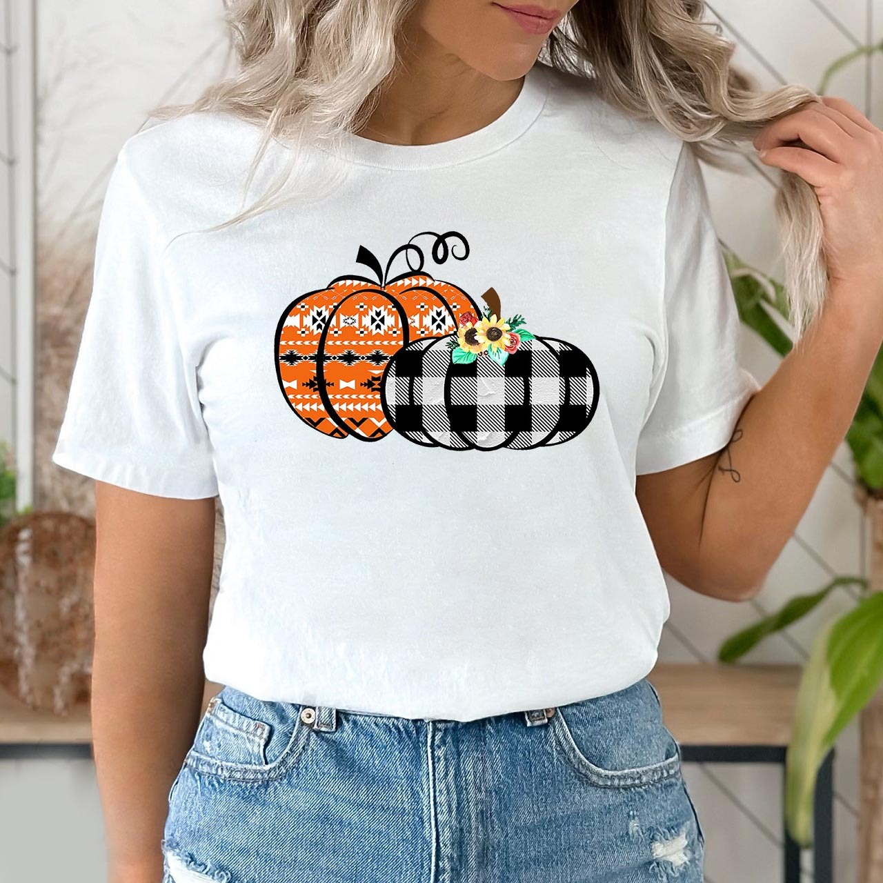 Cute Buffalo Plaid And Aztec Pumpkins Fall Tees