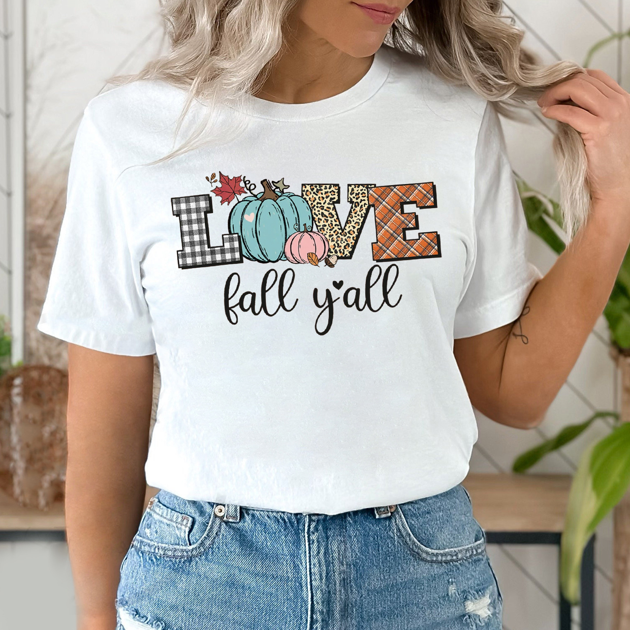 Love Fall Yall Leopard Print Fall Plaid Pumpkin Shirt 