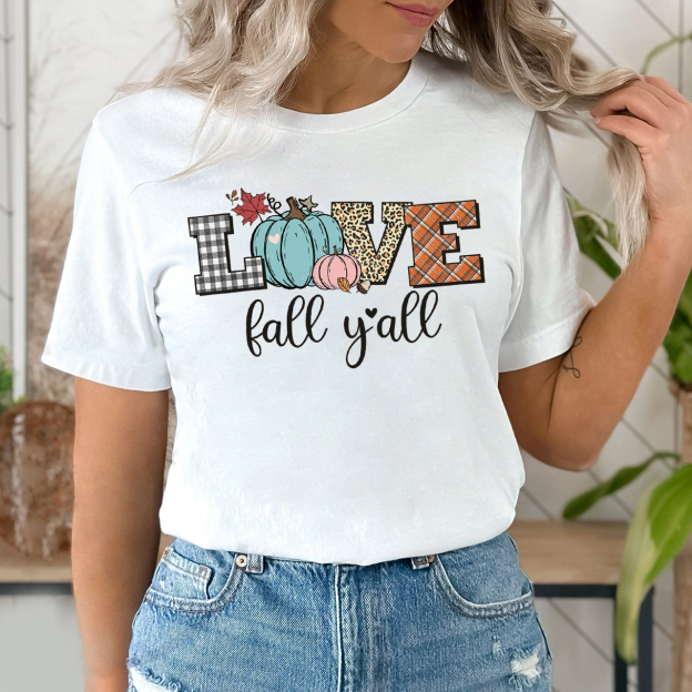 Love Fall Yall Leopard Print Fall Plaid Pumpkin Shirt 