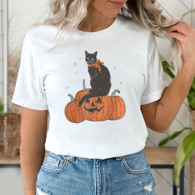 Black Cat on Pumpkin Shirt For Her