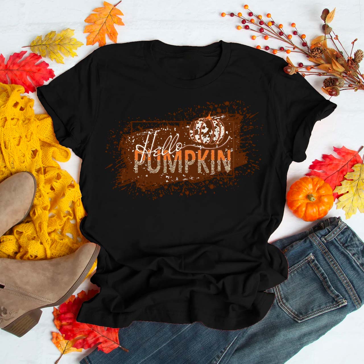  Hello Splatter Paint  Pumpkin Shirt For Her