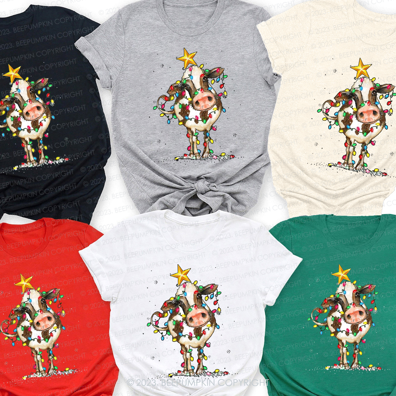 Cute Cow Funny Lights Christmas Family Shirts