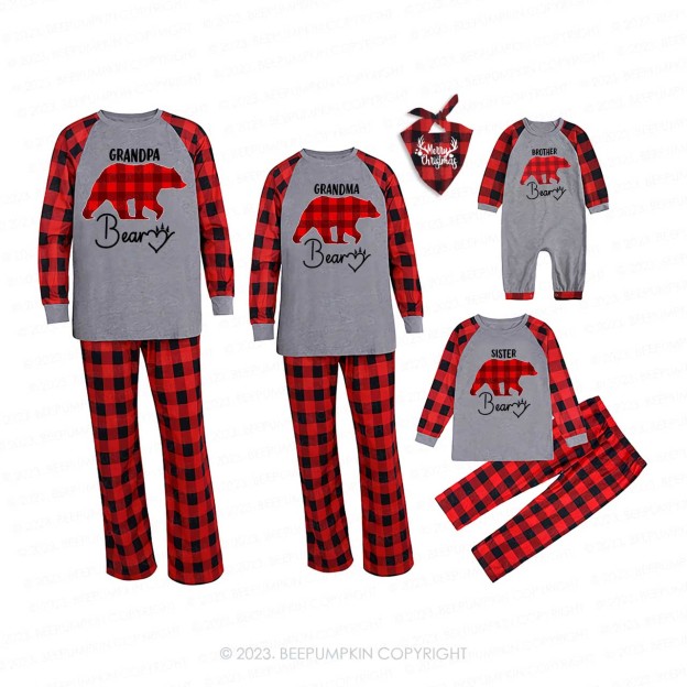 Red Buffalo Plaid Heart Bear Christmas Family Matching Pajamas Beepumpkin